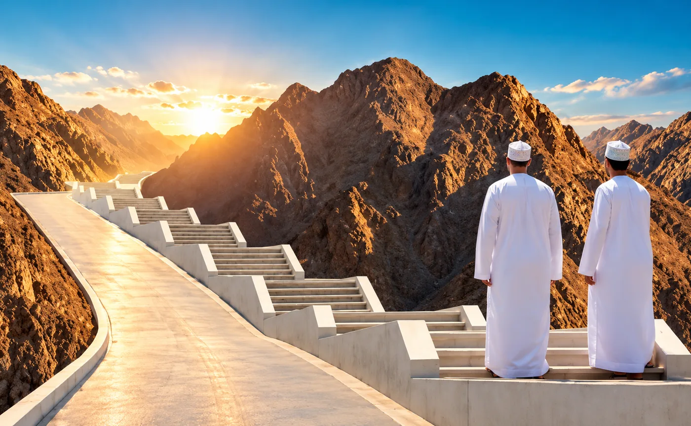 Two people in traditional Omani dress walking along a white mountain staircase toward the sunrise